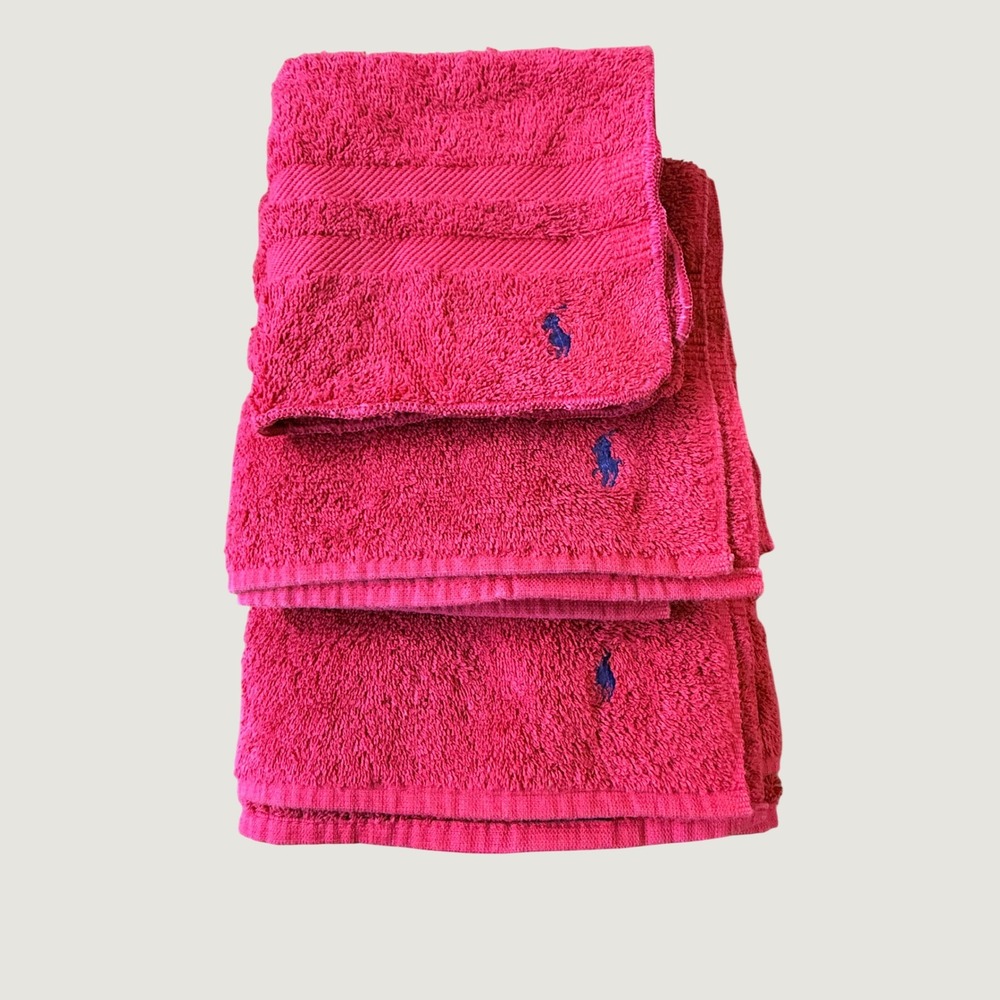 Vintage Polo Ralph Lauren Red Cotton Towel Set 3pc Pony Logo